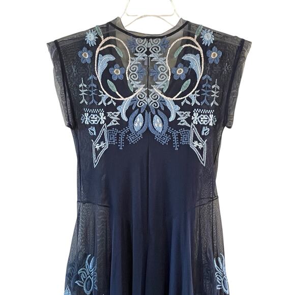 JOHNNY WAS BIYA Mesa Size Small Navy Blue Mesh Floral Embroidery Boho Maxi Dress - Picture 7 of 16